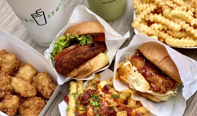 chicken burger, fries, chicken nuggets matcha shake mango lemonade shake shack